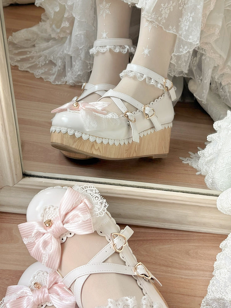 White Bow at Top Crisscross Design Heart Buckles Lace Trim Platforms