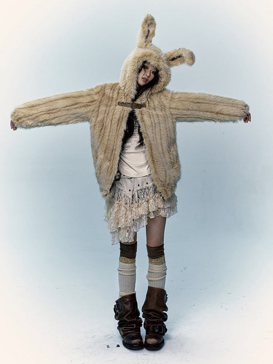 Yellow Shaggy Coat with Adorable Bunny Ear Design