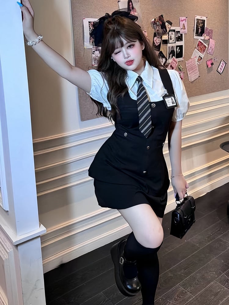 Plus Size White Puff Sleeves Shirt / Black Preppy Waistcoat