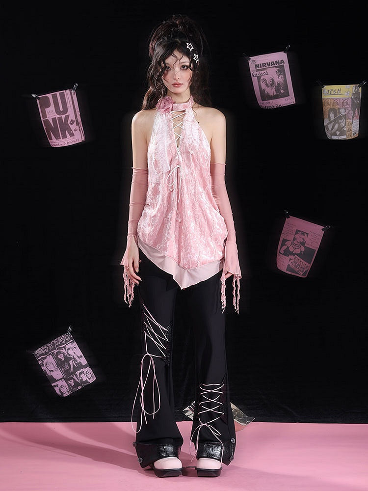 Black Lace-up Detail Flared Pants