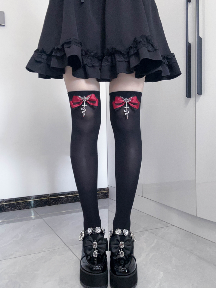 Gothic Red Metal Snake Bowknot Accents Jirai Kei Over Knee Stockings Regular/Long Version