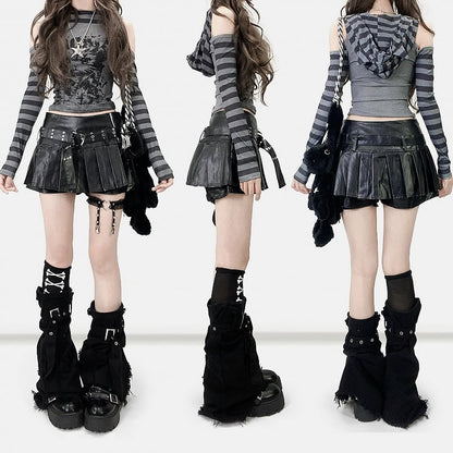 Dark Gray Cutout Shoulder Striped Pattern Print Design Hoodie Top