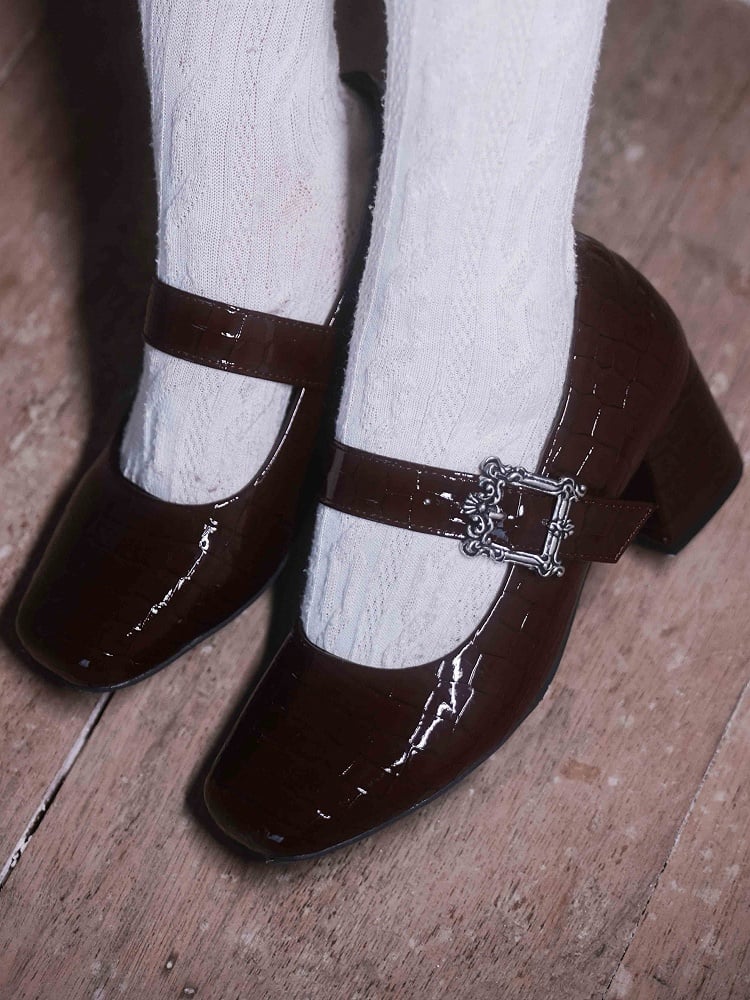 Polished Wine Red 6CM Block Heels Mary Janes