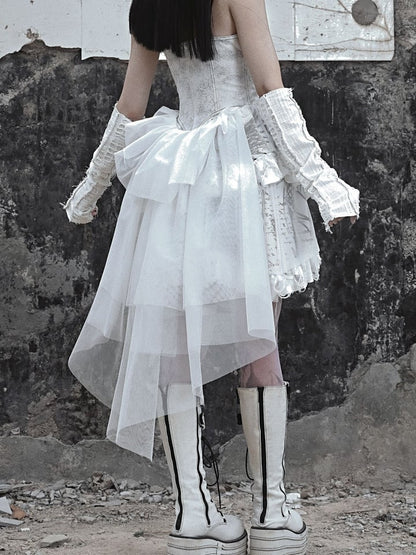 Grey Punk Corset Bodice Dress with Detachable Tulle Train