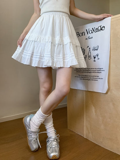 White Elastic Waist Ruffle Hem Tiered Skirt