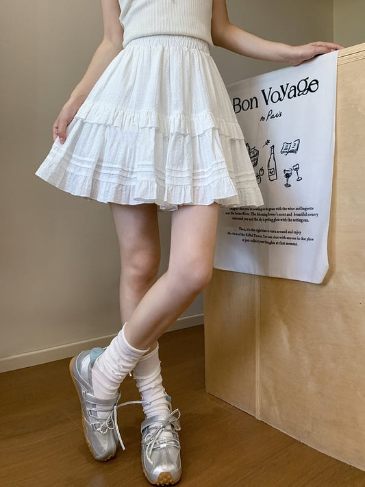White Elastic Waist Ruffle Hem Tiered Skirt