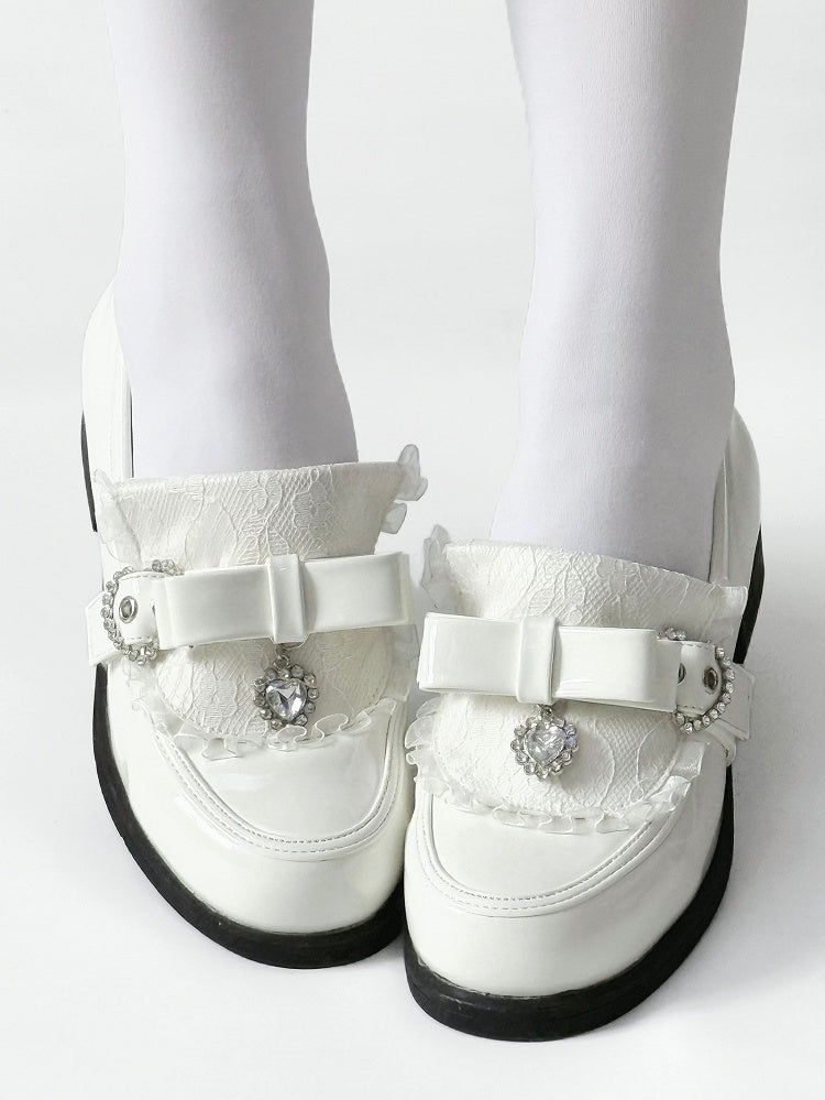 Rhinestone Heart Details & Bow Accent PU Polished White Low-heel Loafers in Jirai Kei