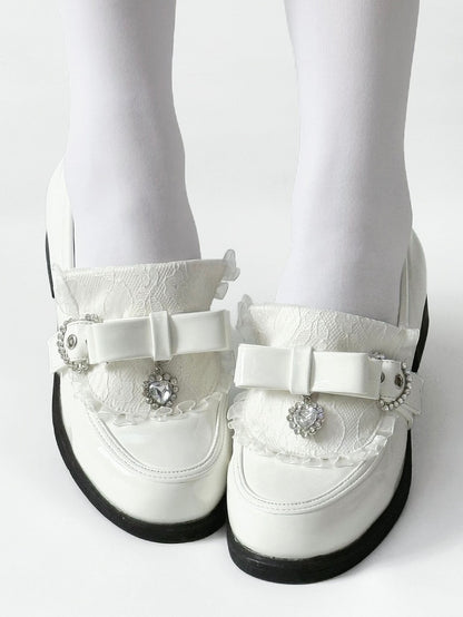 Rhinestone Heart Details & Bow Accent PU Polished White Low-heel Loafers in Jirai Kei