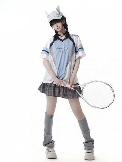 Blue Colorblock Design V-neck Blokette Core Hooded T-shirt