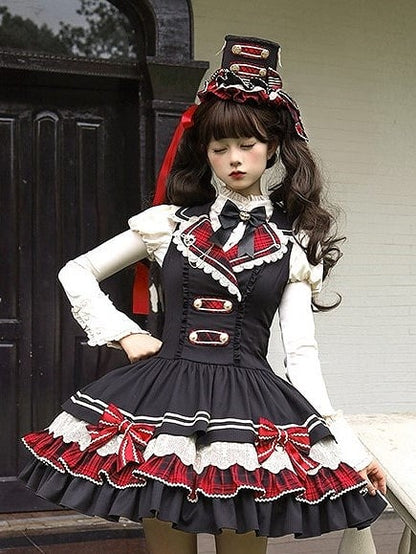 Black & Red Ruffled Lolita Mini Hat with Gold-tone Button and Bow Accents