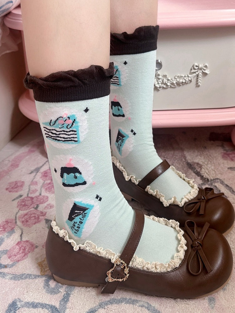 Mint Green Chocolate Cake Jelly Print Lolita Calf Socks
