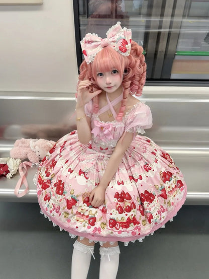 Strawberry Cake Print Pink Sweet Lolita Short Sleeves Dress