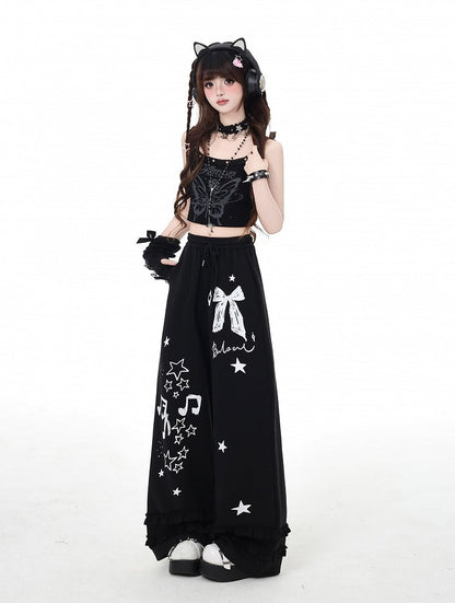 Black/Light Gray Bow and Star Print Vintage Wide-Leg Pants