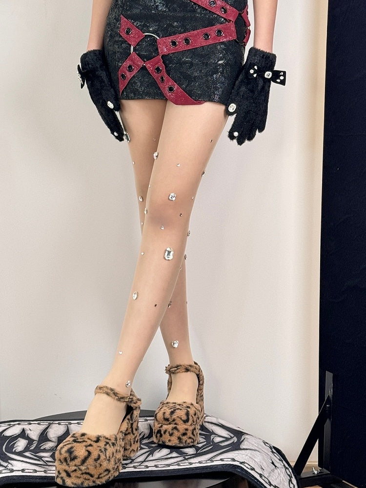 Nude/White Y2K Rhinestone Decorated Tights