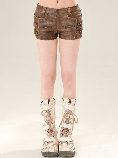 Brown Buckles Decorated Low Rise Super Mini Shorts