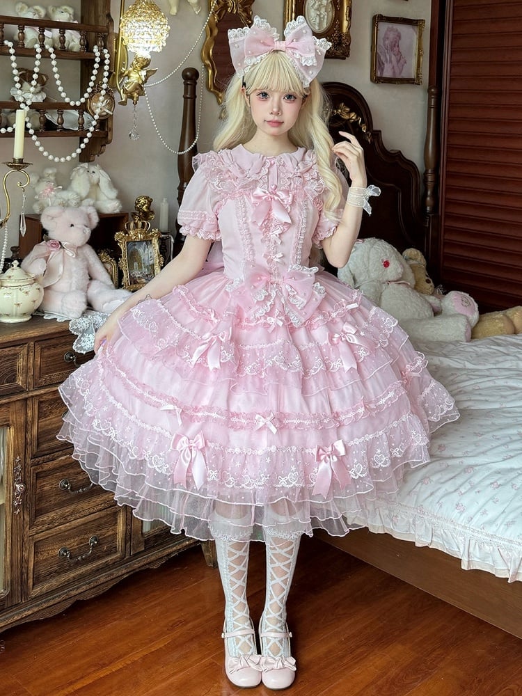 Pink Bow Accents Hanayome Princess Dress Layered Tulle Skirt Lolita JSK