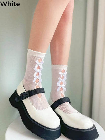 6 Colors Bowknots Cutout Lolita Calf Socks