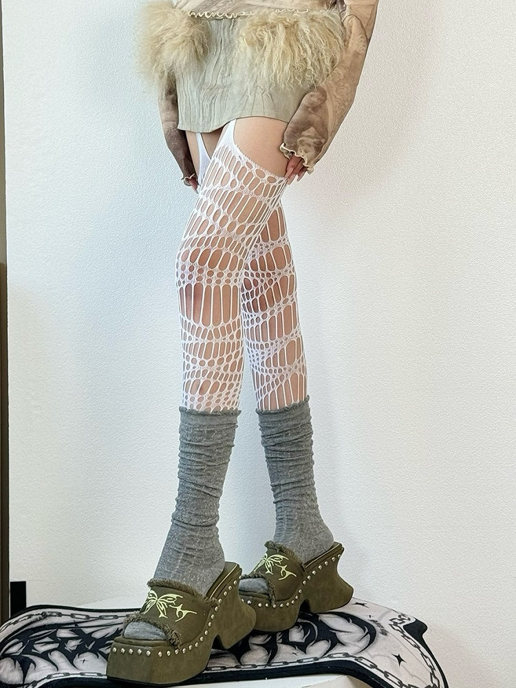Black/White/Brown/Gray/Red Y2K Cut-out Design Suspender Stockings