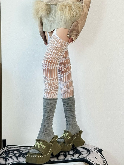 Black/White/Brown/Gray/Red Y2K Cut-out Design Suspender Stockings