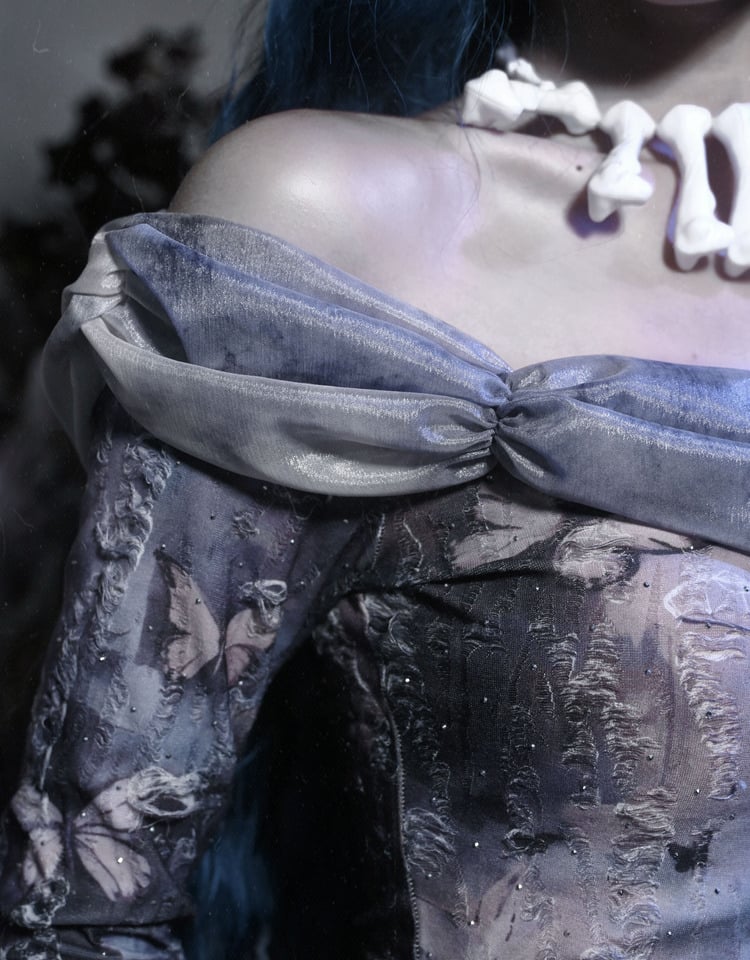 Off-the-shoulder Neckline Butterfly Print Dusty Blue Long Sleeves Top Corpse Bride Vibes