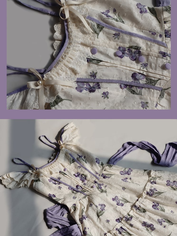 Purple Iris Embroidery Beige Off-the-shoulder Neckline Jumper Skirt