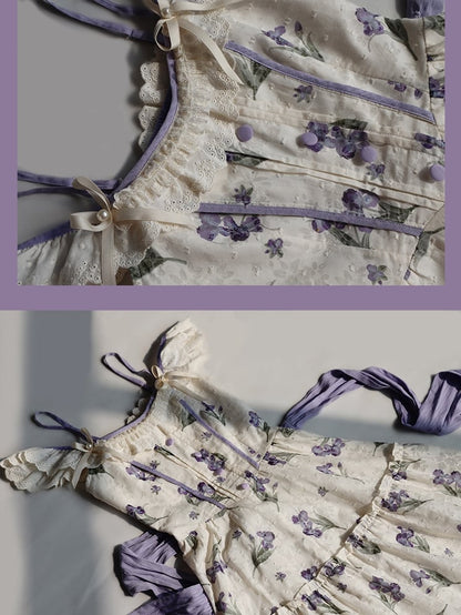 Purple Iris Embroidery Beige Off-the-shoulder Neckline Jumper Skirt