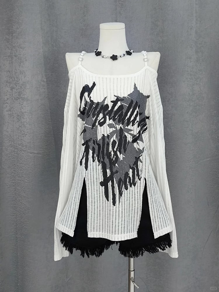 Y2K Off-the-shoulder Neckline Slit Hem Black/White Graphic Coverup