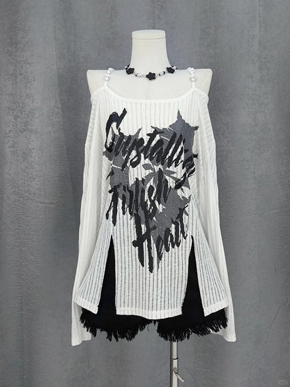 Y2K Off-the-shoulder Neckline Slit Hem Black/White Graphic Coverup
