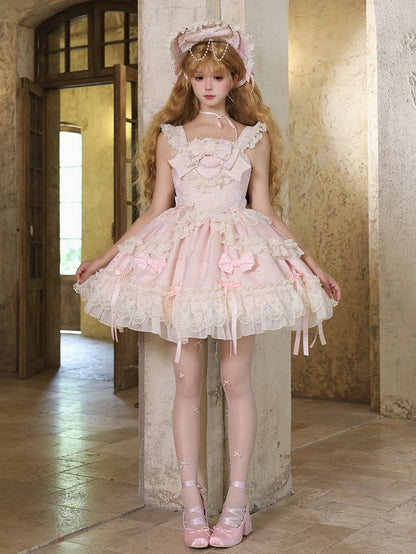 Pink Jacquard Fabric Sweet Bow Accents Dress Lolita Jumper Skirt