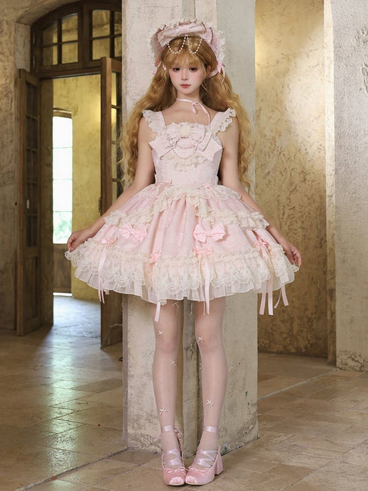 Pink Jacquard Fabric Sweet Bow Accents Dress Lolita Jumper Skirt