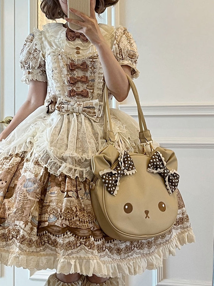 Brown Polka-dot Pattern Bowknot Details Bear Tote Bag
