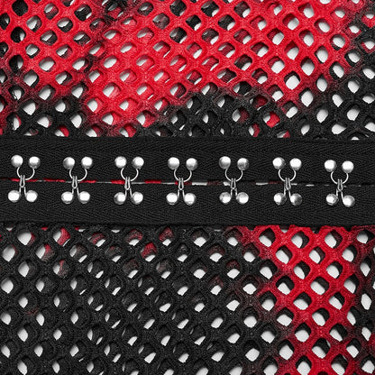 Black and Red Punk Tie-dyed Mesh Long Sleeve T-shirt