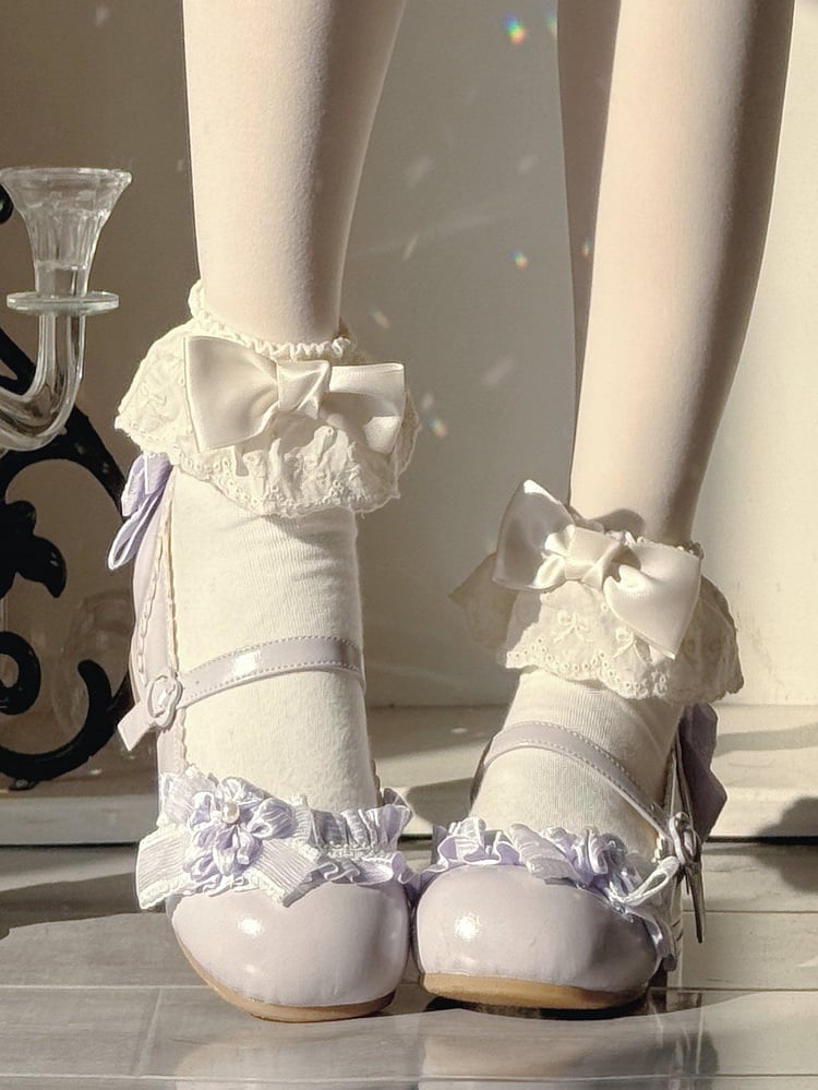 PU Purple Sweet Lolita Mary Janes - Sakura Accents with Floral Buckle & Ruffle Trim