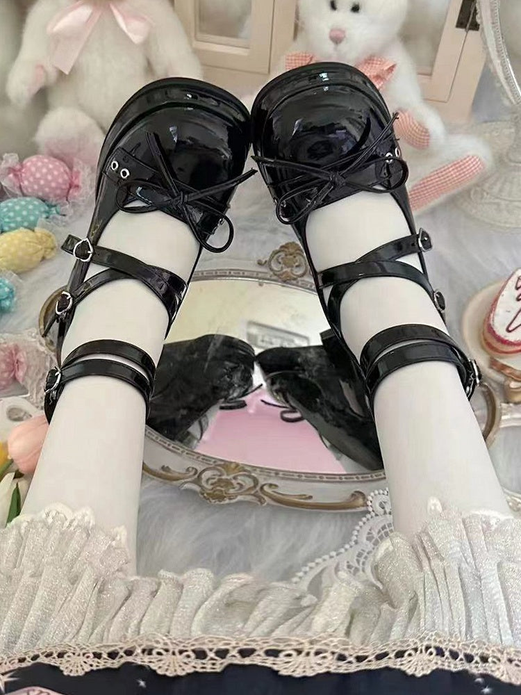 Bowknot at Top Black High Block Heel Platform Mary Janes