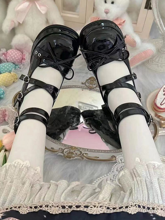 Bowknot at Top Black High Block Heel Platform Mary Janes