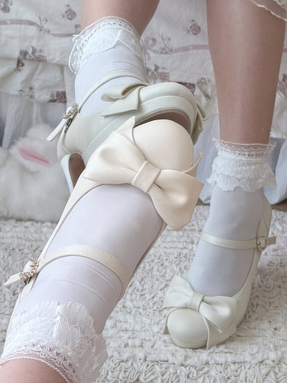 Elegant Creamy White Lolita Stilettos - Crystal Embellished Heart Buckle & Top Bow