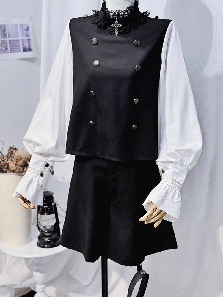 Ouji Lolita White and Black Five-Piece Set - Lace Collar Top + Detachable Pointed Hood + Ribbons + Shorts + Garter