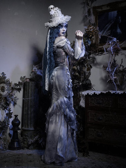 Off-the-shoulder Neckline Butterfly Print Dusty Blue Long Sleeves Top Corpse Bride Vibes