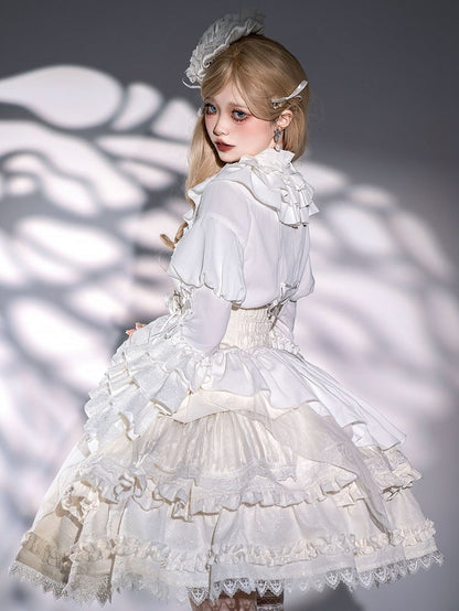 White Layered Bell Sleeves Shiro Gothic Lolita Shirt with Jabot Tie