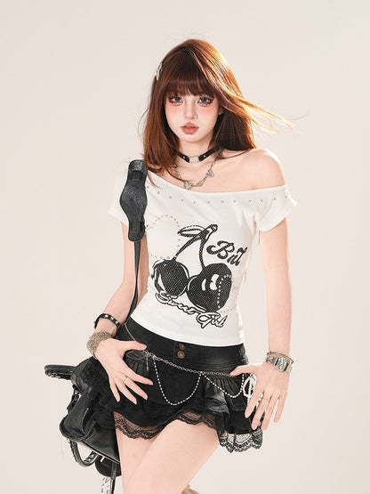 Asymmetrical Neckline Cherry Print Heart Rhinestones Black/White T-shirt