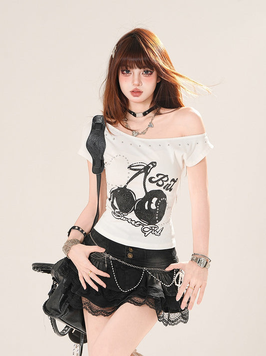 Asymmetrical Neckline Cherry Print Heart Rhinestones Black/White T-shirt