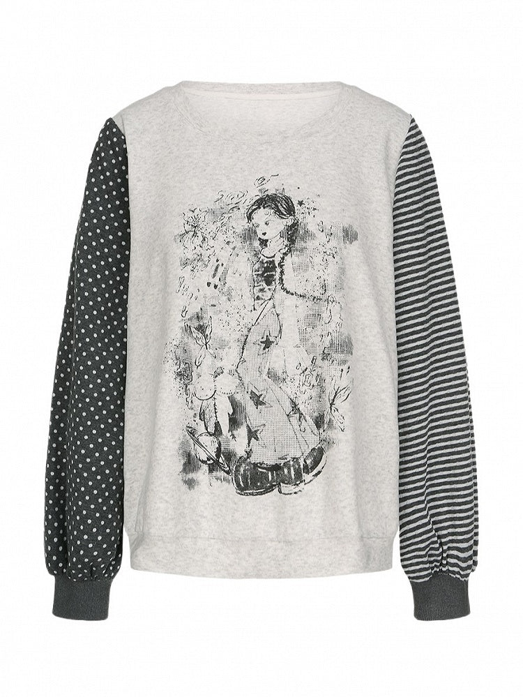 Plus Size Y2K White Anime Girl Print Top with Striped & Polka Dot Sleeve