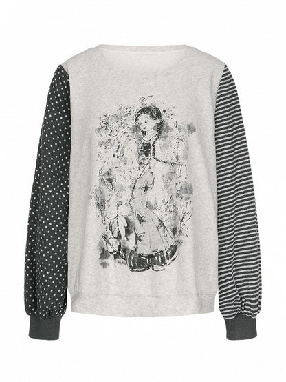 Plus Size Y2K White Anime Girl Print Top with Striped & Polka Dot Sleeve