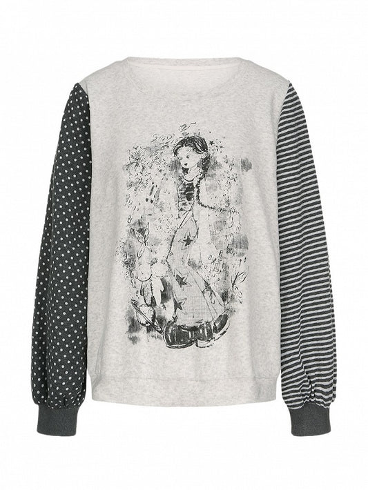 Plus Size Y2K White Anime Girl Print Top with Striped & Polka Dot Sleeve