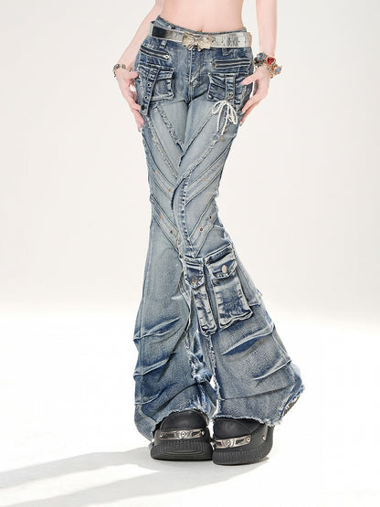 Blue Faded Wash Cargo Pockets Raw Hem Distressed Flared Jeans