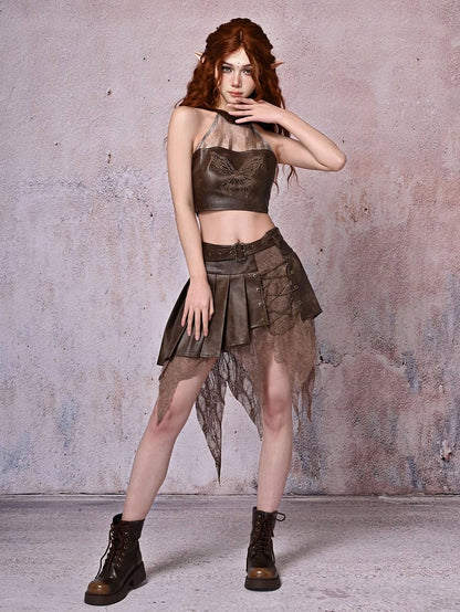 Dark Brown Wasteland Punk Halter Neck PU Butterfly Top