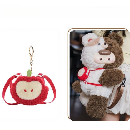 White&Brown Split Color Plush Bear Backpack/Crossbody Bag + Keychain