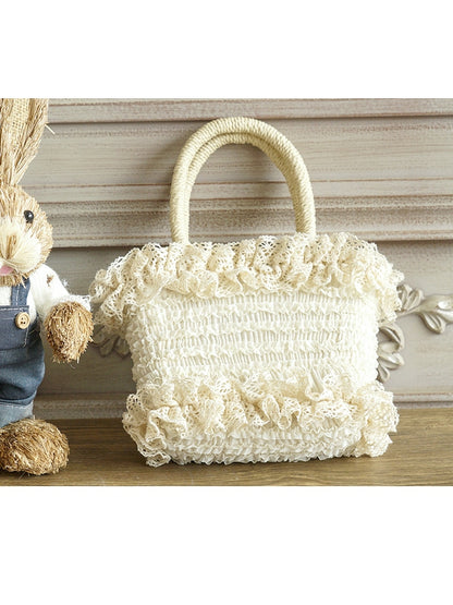 Beige/Pink Ruffled Lace-Trimmed Rural Woven Handbag