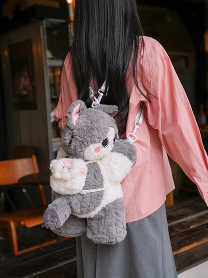 Gray Cute Plush Kitty Backpack/Crossbody Bag