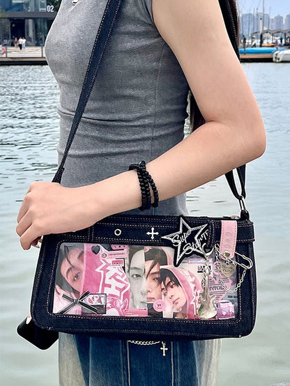 Dark Blue Cross Design Denim Ita Bag with Detachable Chain